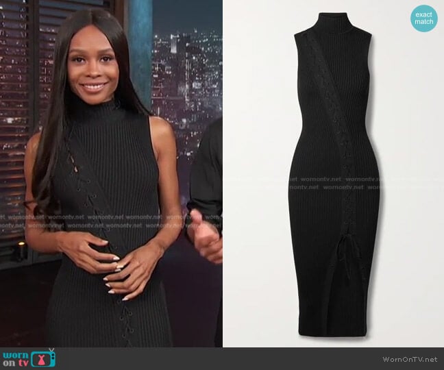 Ava Lace-Up Ribbed-Knit Turtleneck Midi Dress by Jonathan Simkhai worn by Zuri Hall on Access Hollywood