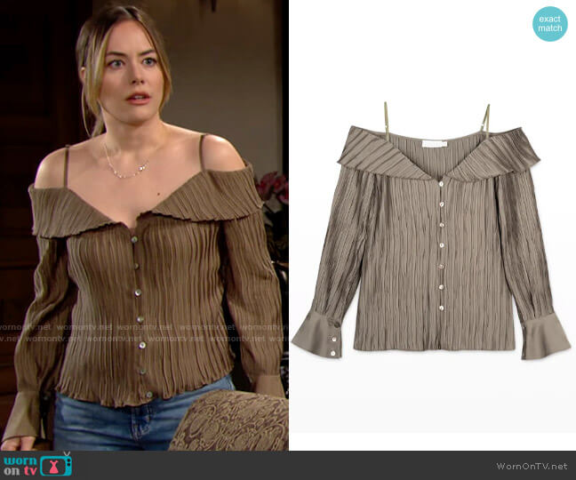 Jonathan Simkhai Mariah Pleated Blouse worn by Hope Logan (Annika Noelle) on The Bold and the Beautiful