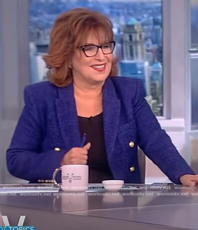 Joy’s blue tweed double breasted blazer on The View
