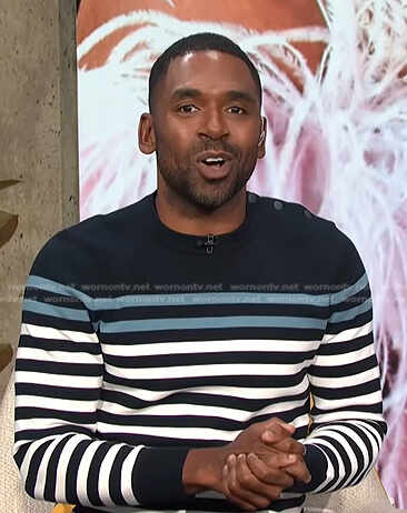 Justin’s striped button-shoulder sweater on E! News Daily Pop