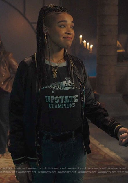 Kaela’s Upstate Champions t-shirt and butterfly bomber jacket on Charmed