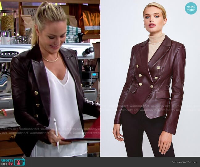 Karen Millen Fig Leather Gold Button Blazer worn by Sharon Newman (Sharon Case) on The Young and the Restless