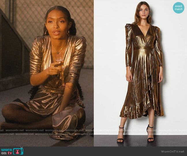 WornOnTV: Zoey's gold metallic wrap dress on Grown-ish | Yara Shahidi |  Clothes and Wardrobe from TV