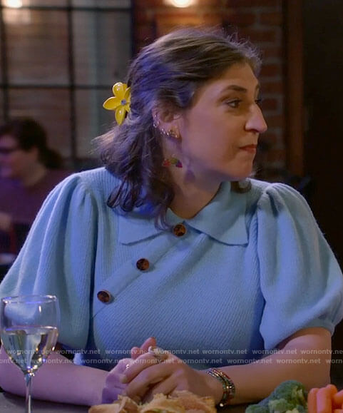 Kat's blue puff sleeve buttoned sweater top on Call Me Kat