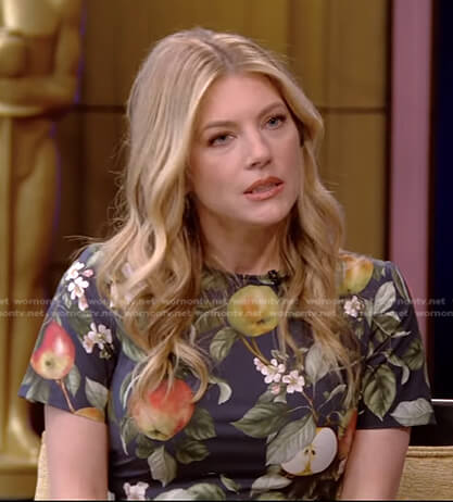 Katheryn Winnick’s navy apple print dress on Live with Kelly and Ryan