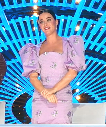 Katy's lilac floral puff sleeve top and skirt on American Idol