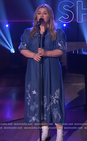 Kelly’s denim floral embroidered dress on The Kelly Clarkson Show