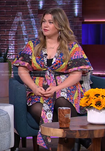 Kelly’s floral patchwork tie front dress on The Kelly Clarkson Show