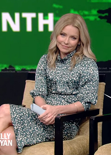 Kelly’s green printed mock neck dress on Live with Kelly and Ryan