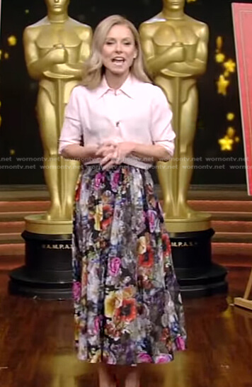 Kelly's pink blouse and floral midi skirt on Live with Kelly and Ryan