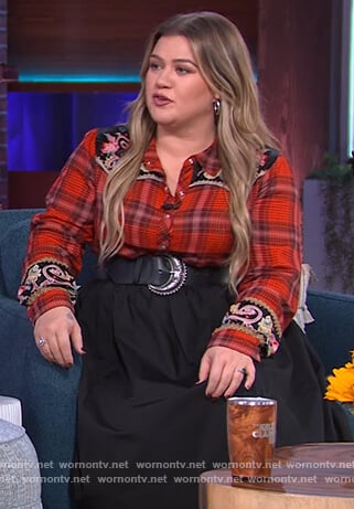 Kelly’s red plaid embroidered shirt on The Kelly Clarkson Show