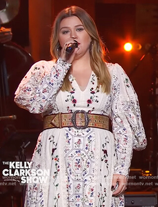 Kelly’s white floral embroidered dress on The Kelly Clarkson Show