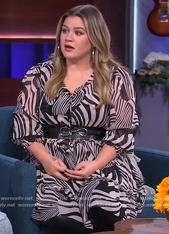 Kelly's abstract ruffle mini dress on The Kelly Clarkson Show