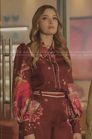 Kirby's red star print blouse and pants on Dynasty