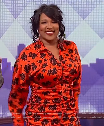 Kym Whitley's orange floral satin dress on The Wendy Williams Show