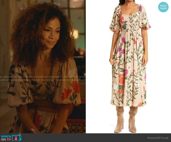 Shirred Square Neck Silk Dress by La Ligne worn by Sherri Saum on Good Trouble