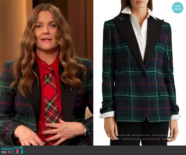 Plaid One Button Blazer by Ralph Lauren worn by Drew Barrymore on The Drew Barrymore Show