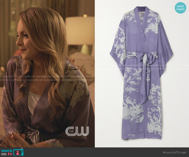 Printed Silk Satin Robe by Carine Gilson worn by Fallon Carrington (Elizabeth Gillies) on Dynasty