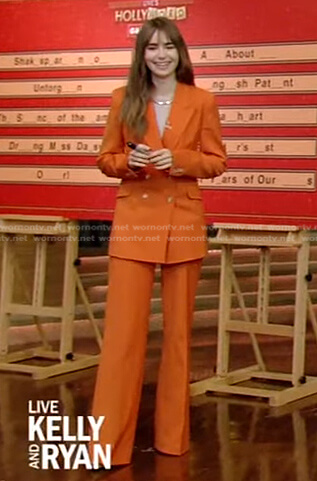 Lily Collins’s orange blazer and pants on Live with Kelly and Ryan