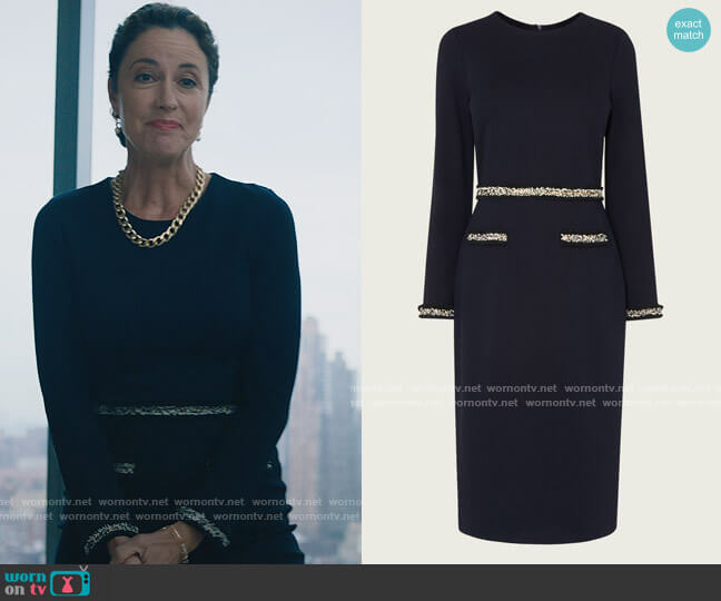 Vinnie Navy Jersey Tweed Trim Shift Dress by LK Bennett worn by Jennifer Roszell on Billions