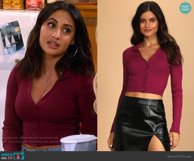 Lulus So Iconic Purple Long Sleeve Button-Front Ribbed Knit Top worn by Valentina (Francia Raisa) on How I Met Your Father