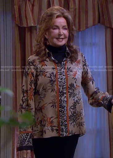 Maggie's beige mixed print blouse on Days of our Lives