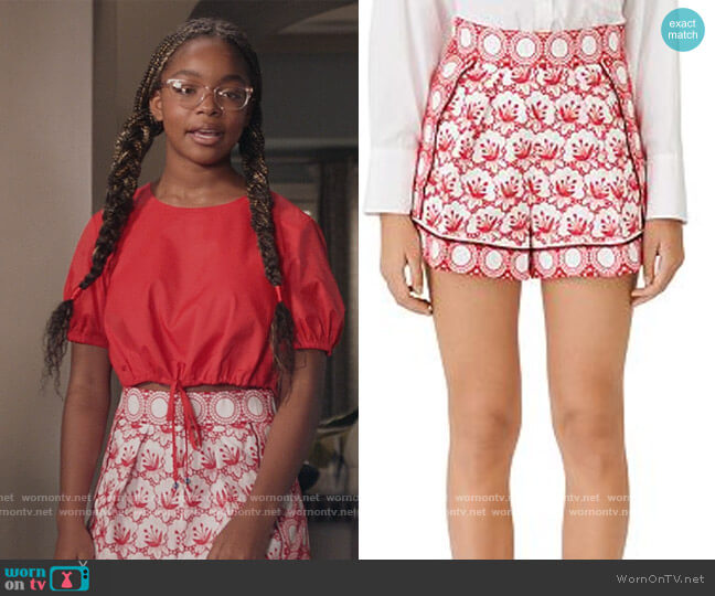 Ibiza Collection Ioli Wide-Cut Embroidered Shorts by Maje worn by Diane Johnson (Marsai Martin) on Black-ish