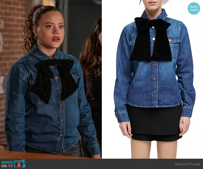 Maje Candy Velvet Bow Denim Shirt worn by Maggie Vera (Sarah Jeffery) on Charmed