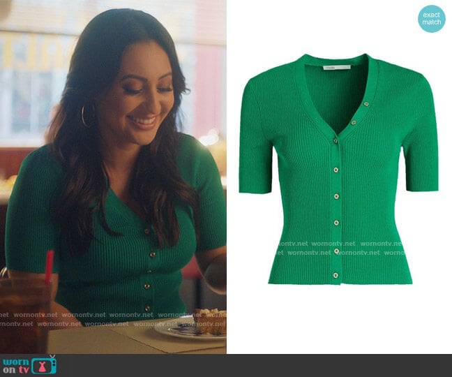 Mimosa Cropped Ribbed Cardigan by Maje worn by Ana Torres (Francia Raisa) on Grown-ish