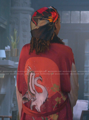 Malika's red bird print robe on Good Trouble