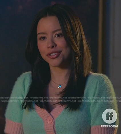 Mariana's mint green and pink fuzzy cardigan on Good Trouble
