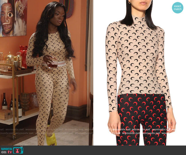 Second Skin crescent moon-print top by Marine Serre worn by August King (Ebonee Noel) on The Kings of Napa