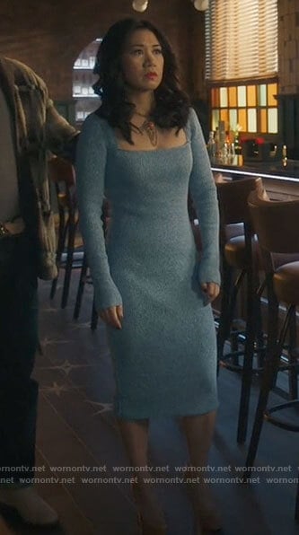 Mel’s blue ribbed square-neck dress on The Equalizer