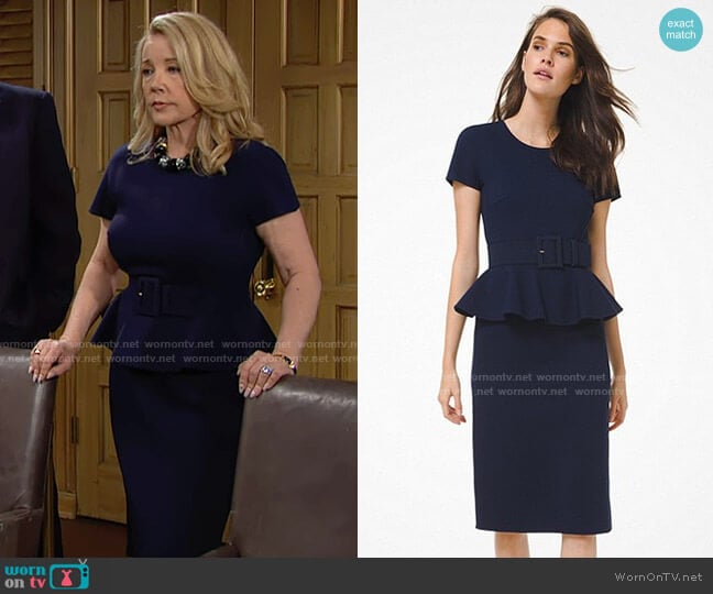 Michael Kors Collection Stretch Bouclé Belted Peplum Dress worn by Nikki Reed Newman (Melody Thomas-Scott) on The Young and the Restless