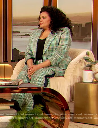 Michelle Buteau's green plaid blazer and pants on The Drew Barrymore Show