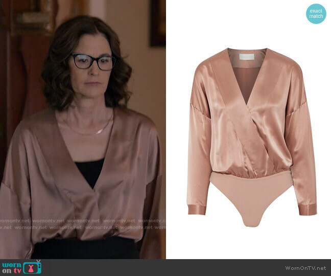 Michelle Mason Wrap-effect silk-charmeuse and stretch-jersey bodysuit worn by Carol (Ally Sheedy) on Single Drunk Female