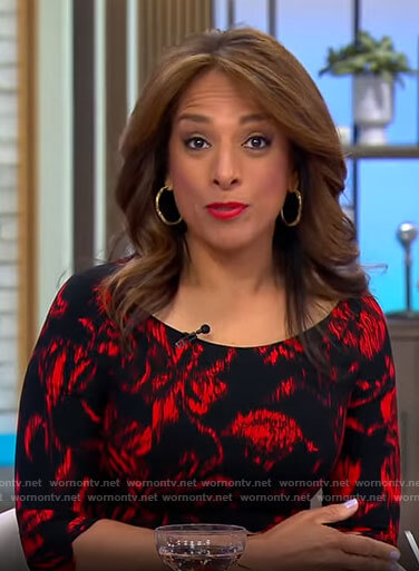 Michelle Miller’s balck and red floral dress on CBS Saturday Morning