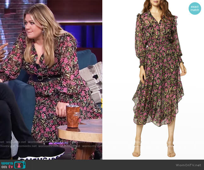 Katja Floral Chiffon Ruffle Flounce Midi Dress by Misa worn by Kelly Clarkson  on The Kelly Clarkson Show