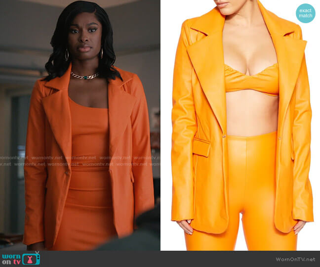 Naked Wardrobe Faux Leather Blazer worn by Hilary Banks (Coco Jones) on Bel-Air