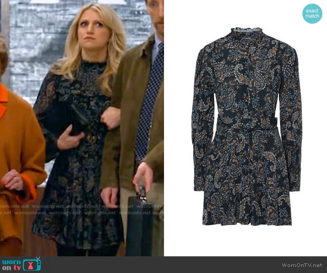 Nicholas Agadir belted printed crepe de chine mini dress worn by Gina Dabrowski (Annaleigh Ashford) on B Positive