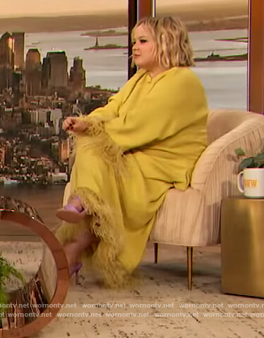 Nicola Cougllah’s yellow feather trim maxi dress on The Drew Barrymore Show