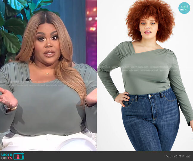 Trendy Plus Size Knit Asymmetrical Bodysuit by Nina Parker worn by Nina Parker on E! News