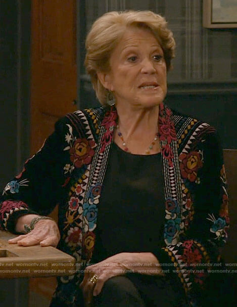 Norma’s black floral embroidered jacket on B Positive