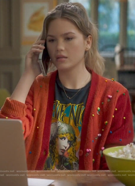 Orly’s Stevie Nicks t-shirt and embroidered cardigan on Mr Mayor