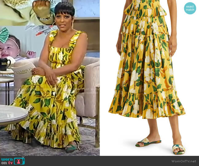 Magnolia Floral Print Tiered Stretch Cotton Midi Skirt by Oscar de la Renta worn by Tamron Hall on Tamron Hall Show