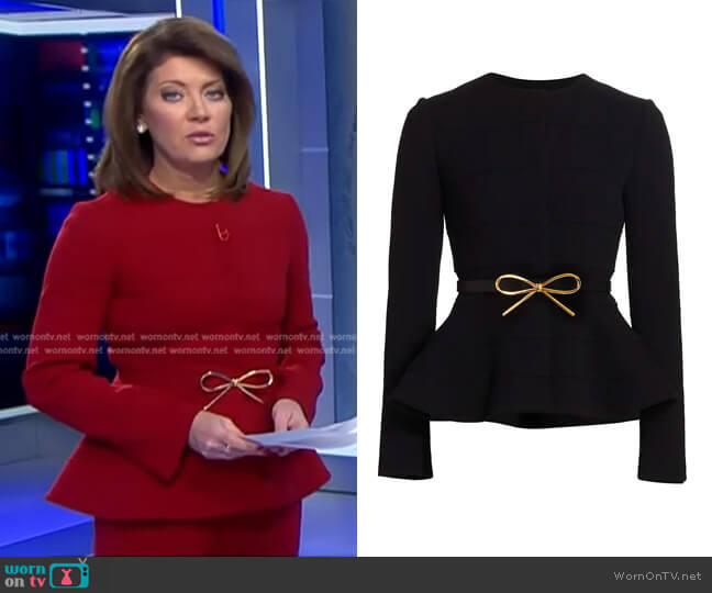 Bow Belt Virgin Wool Blend Peplum Jacket by Oscar de la Renta worn by Norah O'Donnell on CBS Evening News