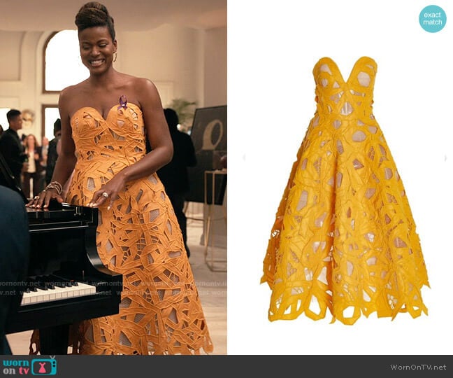 Oscar de la Renta Cutout Faille Strapless Midi Cocktail Dress worn by Vivian Banks (Cassandra Freeman) on Bel-Air