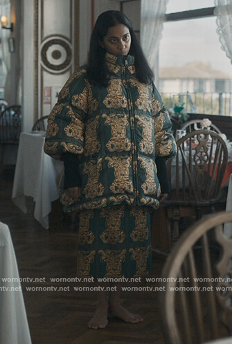 Pam's green tiger print jacket and skirt on Killing Eve