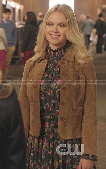 Patty's black floral dress and brown suede jacket on Dynasty