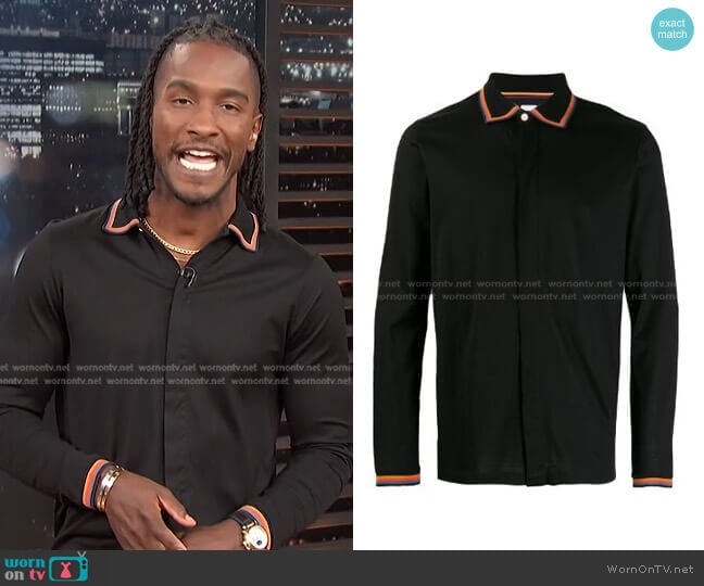 Rainbow Striped Trim Shirt by Paul Smith worn by Scott Evans on Access Hollywood